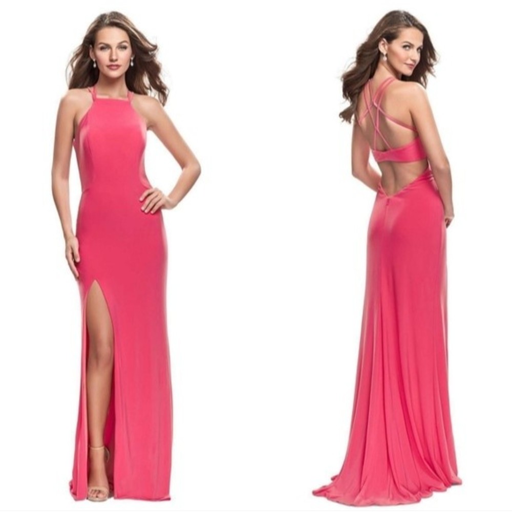 La Femme 25736 Halter Strappy Open Back Long Dress Gown Hot Coral Pink Womens 4